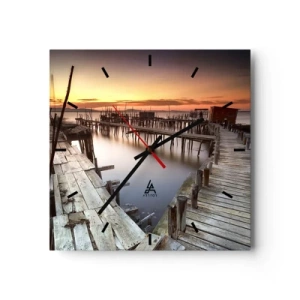 Horloge murale - Pendule murale - Jetées en bois sur une eau calme au coucher du soleil - 30x30cm - Authentique, pas un attrape touristique - Décoration murale moderne pour le salon et la chambre ARTTOR