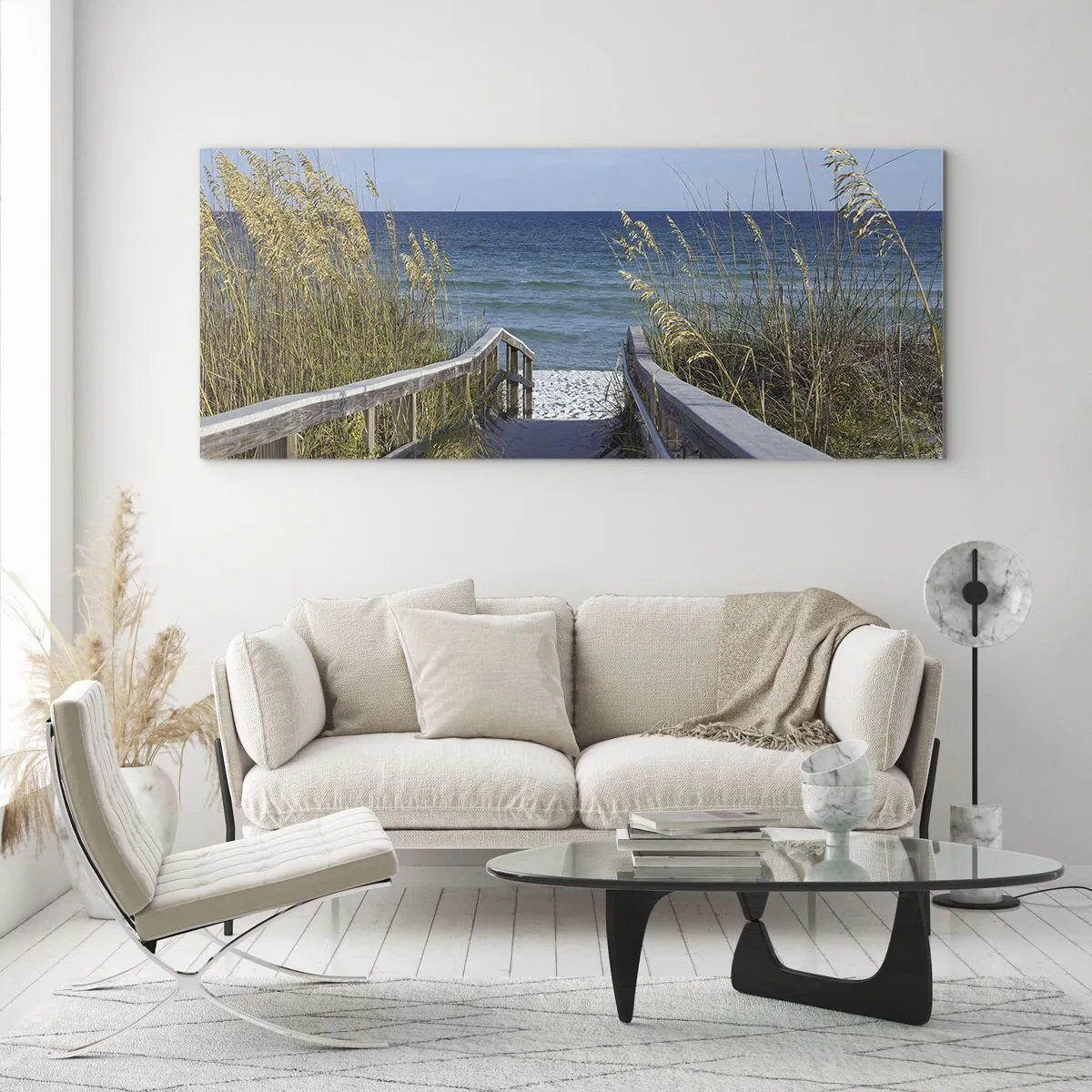 Impression sur verre - Image sur verre - Chemin vers la plage avec vue sur la mer - 120x50cm - Au soleil, sous le vent - Décoration murale moderne pour le salon et la chambre ARTTOR