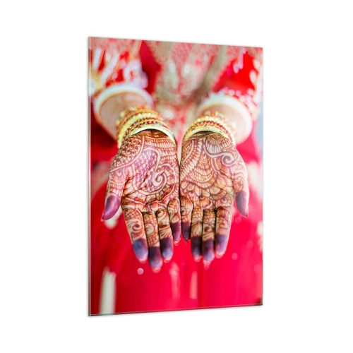 Impression sur verre - Image sur verre - Mains au henné en tenue traditionnelle sur fond rouge - 50x70cm - Prêt à saisir votre chance - Décoration murale moderne pour le salon et la chambre ARTTOR