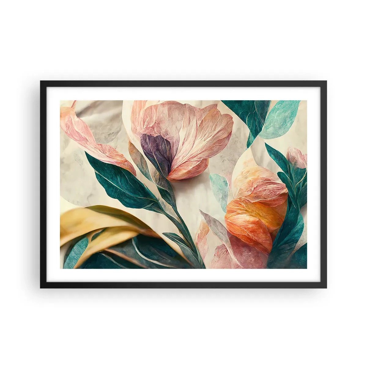 Affiche dans un cadre noir - Poster - Fleurs colorées de style tropical sur fond clair - 70x50cm - Fleurs des îles du sud - Décoration murale moderne pour le salon et la chambre ARTTOR