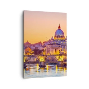 Impression sur toile - Image sur toile - Panorama du Vatican au coucher du soleil avec un pont sur la rivière - 50x70cm - Coucher de soleil sur la ville éternelle - Décoration murale moderne pour le salon et la chambre ARTTOR