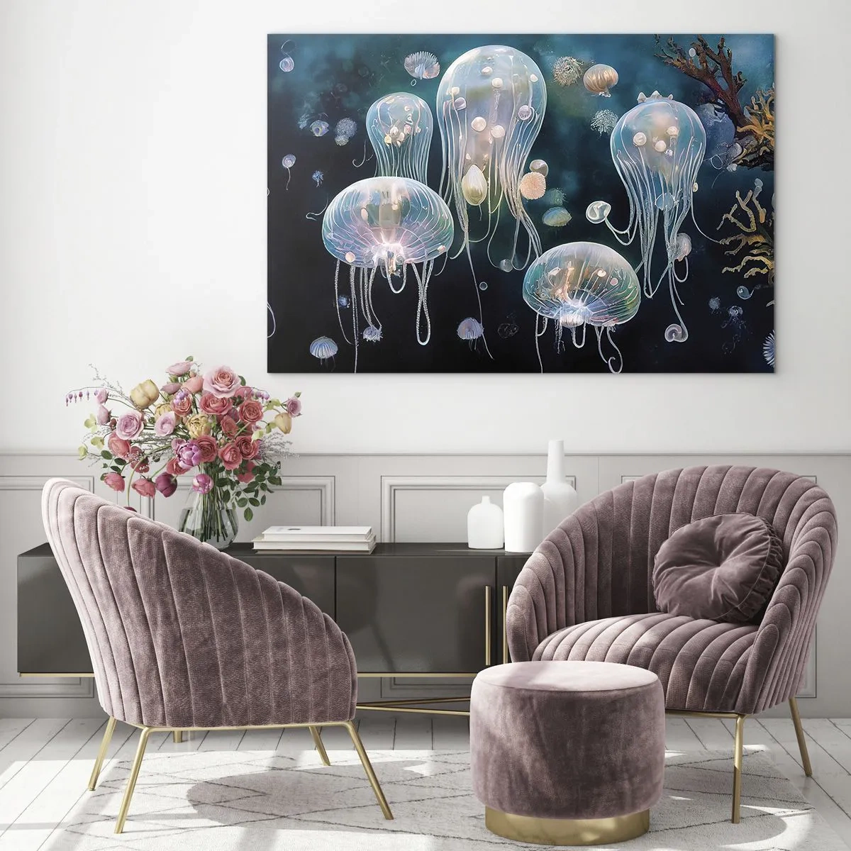 Impression sur verre - Image sur verre - Les méduses dans la danse lumineuse du monde sous-marin - 70x50cm - Ballon sous-marin - Décoration murale moderne pour le salon et la chambre ARTTOR