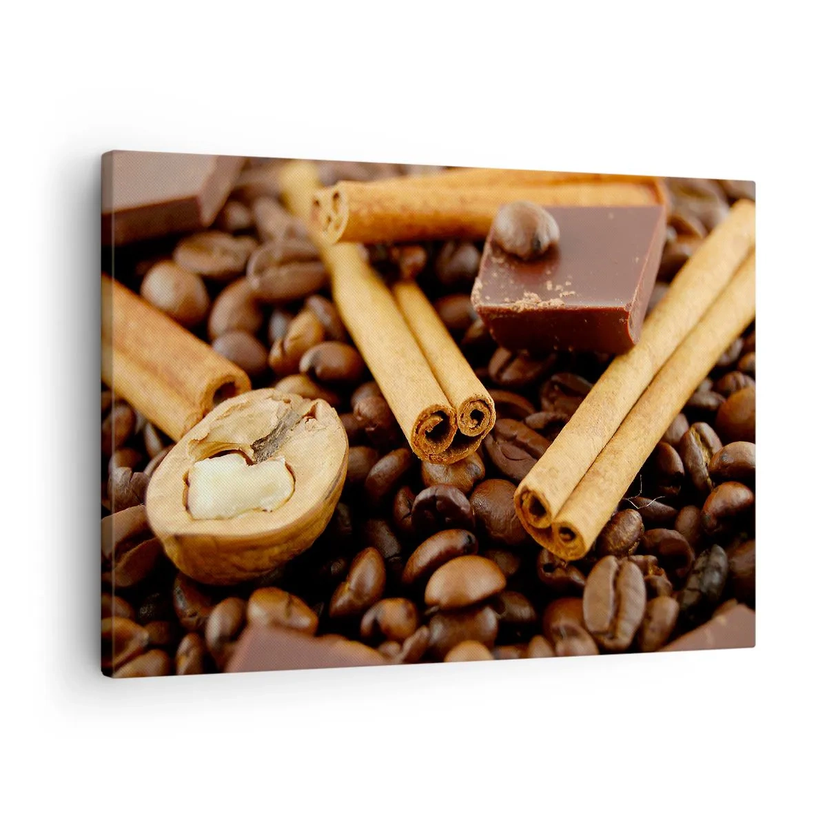 Impression sur toile - Image sur toile - Grains de café avec bâtons de cannelle, chocolat et noix. - 70x50cm - Concert d'aromates - Décoration murale moderne pour le salon et la chambre ARTTOR
