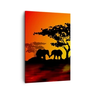 Impression sur toile - Image sur toile - Coucher de soleil africain avec des silhouettes d'éléphants et de girafes au-dessus de l'eau - 50x70cm - Rencontre dans la savane - Décoration murale moderne pour le salon et la chambre ARTTOR