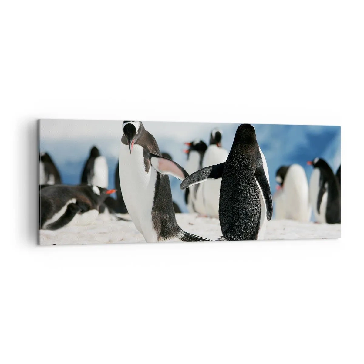 Impression sur toile - Image sur toile - Un groupe de pingouins dans la neige dans un paysage antarctique - 140x50cm - Danser dans la neige - Décoration murale moderne pour le salon et la chambre ARTTOR