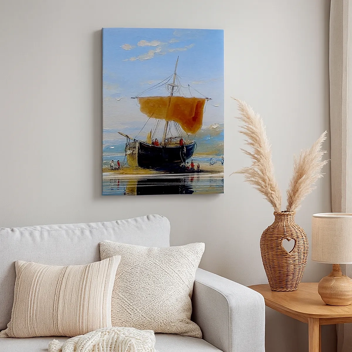 Impression sur toile - Image sur toile - Un bateau au bord de la mer par une journée ensoleillée - 50x70cm - Eau, terre, air - Décoration murale moderne pour le salon et la chambre ARTTOR