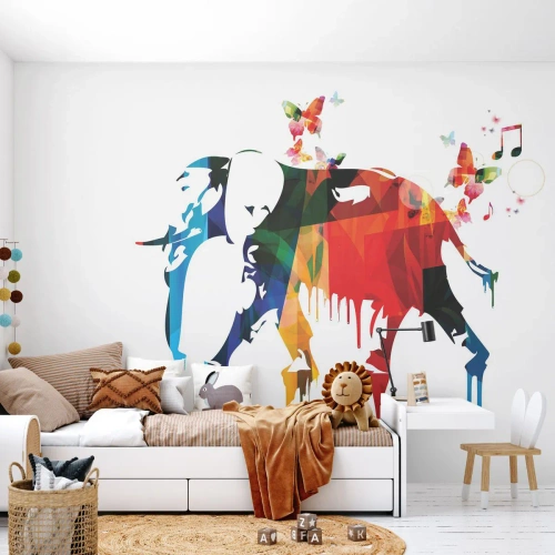 Papier Peint Photo Premium Canvas - Éléphant coloré avec des papillons dans un style géométrique moderne - 100x70cm - Tout le monde peut danser - Décoration murale moderne pour le salon et la chambre ARTTOR