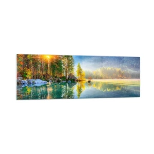 Impression sur verre - Image sur verre - Un lac entouré de montagnes et de forêts sous les rayons du soleil - 160x50cm - Majesté et douceur - Décoration murale moderne pour le salon et la chambre ARTTOR