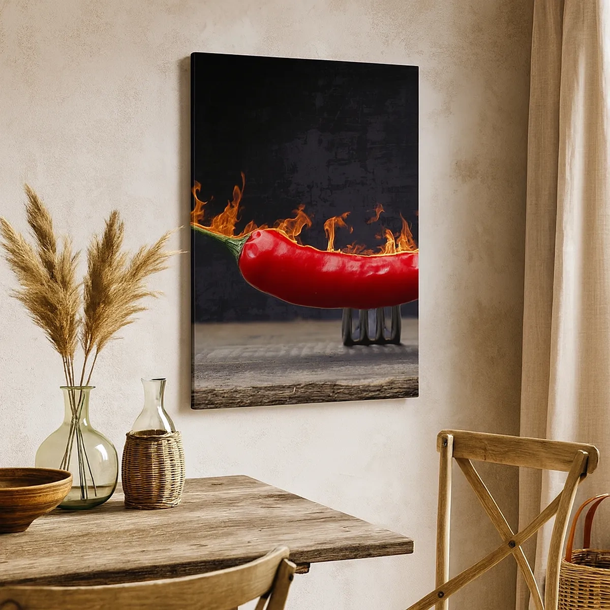 Impression sur toile - Image sur toile - Poivron rouge flamboyant sur une fourchette - 50x70cm - Un apéritif enflammé - Décoration murale moderne pour le salon et la chambre ARTTOR