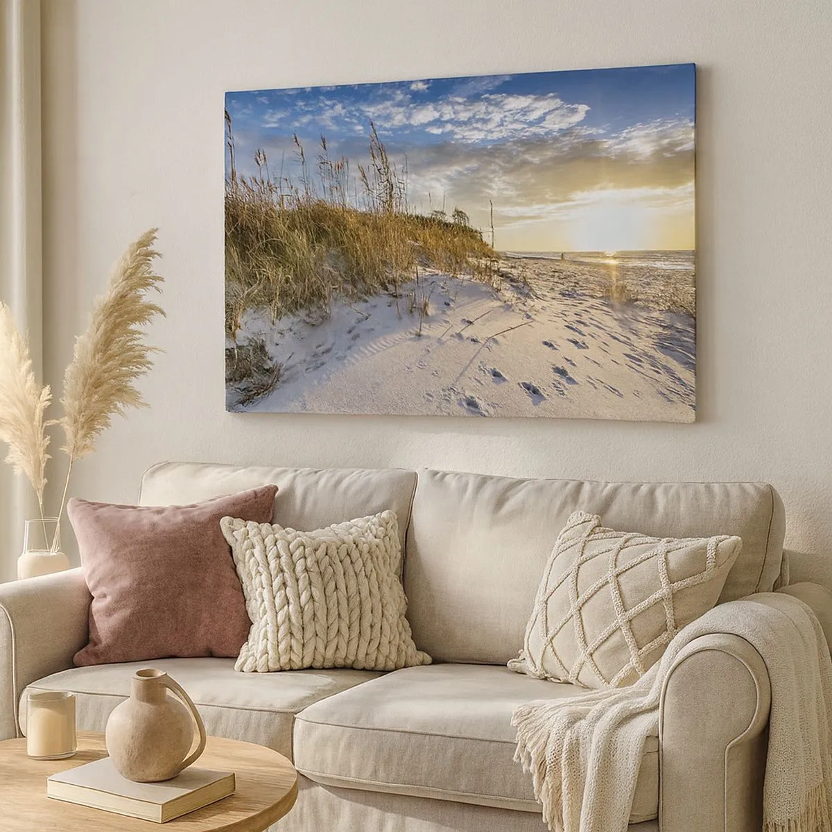 Impression sur toile - Image sur toile - Dunes avec de l'herbe et des empreintes de pas dans le sable au coucher du soleil - 70x50cm - Invitation à la ballade - Décoration murale moderne pour le salon et la chambre ARTTOR