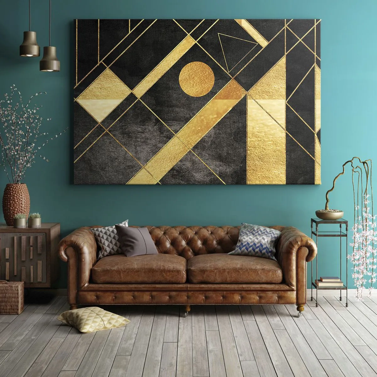 Impression sur toile - Image sur toile - Formes géométriques dans les tons or et noir - 120x80cm - Soleil du désert - Décoration murale moderne pour le salon et la chambre ARTTOR