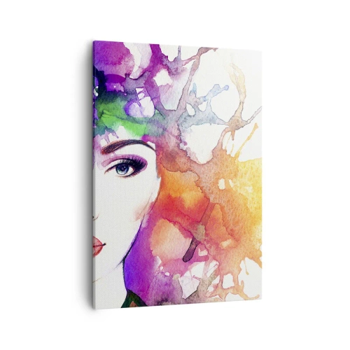 Impression sur toile - Image sur toile - Portrait d'une femme aux couleurs aquarelles avec des taches abstraites - 50x70cm - Avec la tête dans les nuages - Décoration murale moderne pour le salon et la chambre ARTTOR