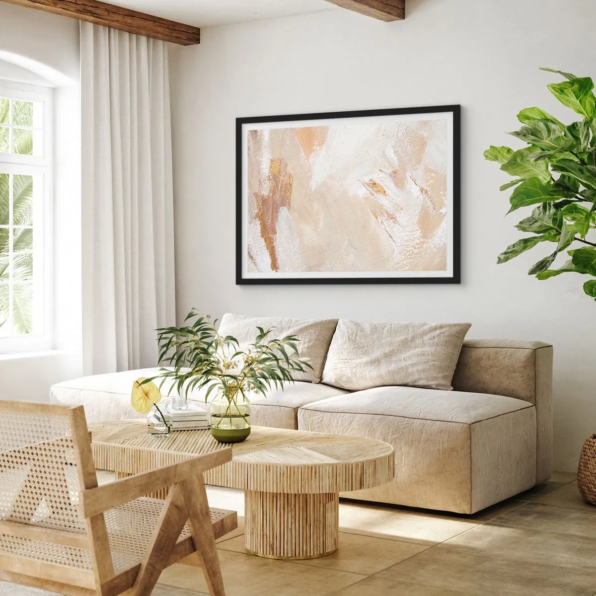Affiche dans un cadre noir - Poster - Des tons abstraits délicats dans des tons beiges et dorés - 100x70cm - Composition pastel - Décoration murale moderne pour le salon et la chambre ARTTOR