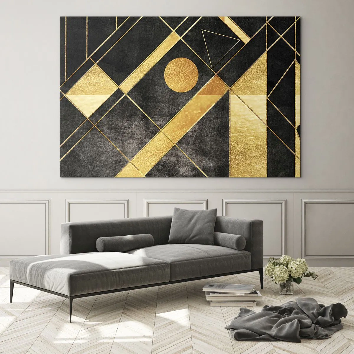 Impression sur verre - Image sur verre - Motifs géométriques dorés sur fond noir - 70x50cm - Soleil du désert - Décoration murale moderne pour le salon et la chambre ARTTOR