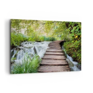 Impression sur toile - Image sur toile - Un pont en bois au-dessus d'une cascade entourée d'une forêt verdoyante. - 100x70cm - L'eau n'est pas si calme - Décoration murale moderne pour le salon et la chambre ARTTOR