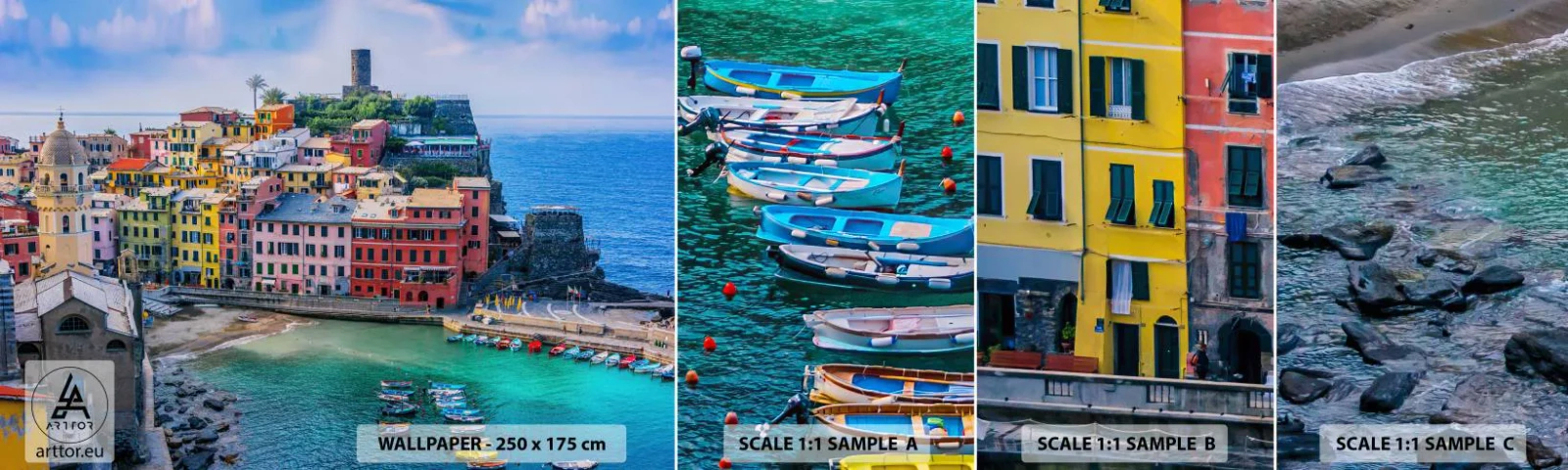 Échantillon de Papier Peint Autocollant Deluxe Sticker - Petite ville magique de méditerranée - Ligurie, Ville, Italie - 100x30 cm