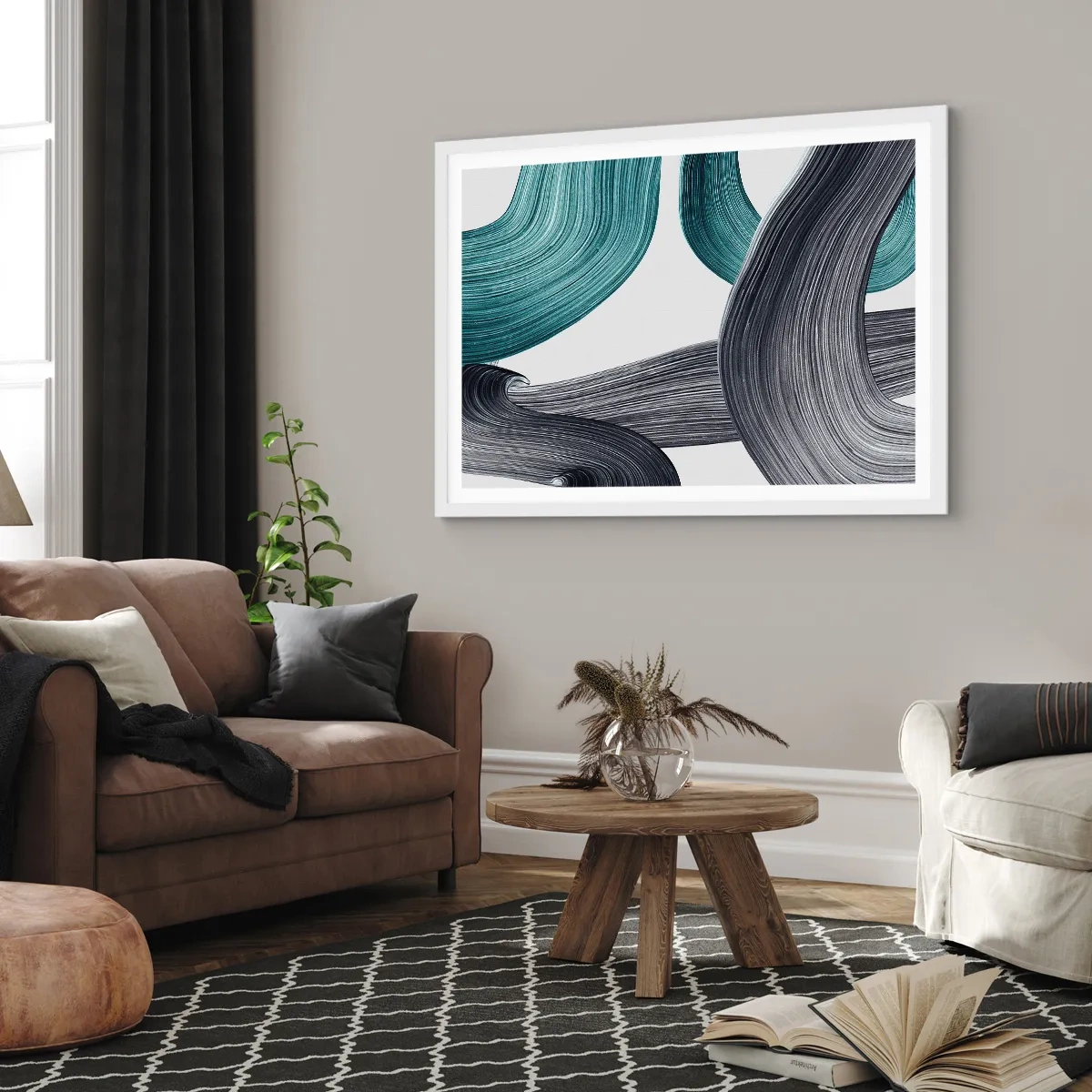 Affiche dans un cadre blanc - Poster - Sentiers émeraude et noirs - 91x61 cm