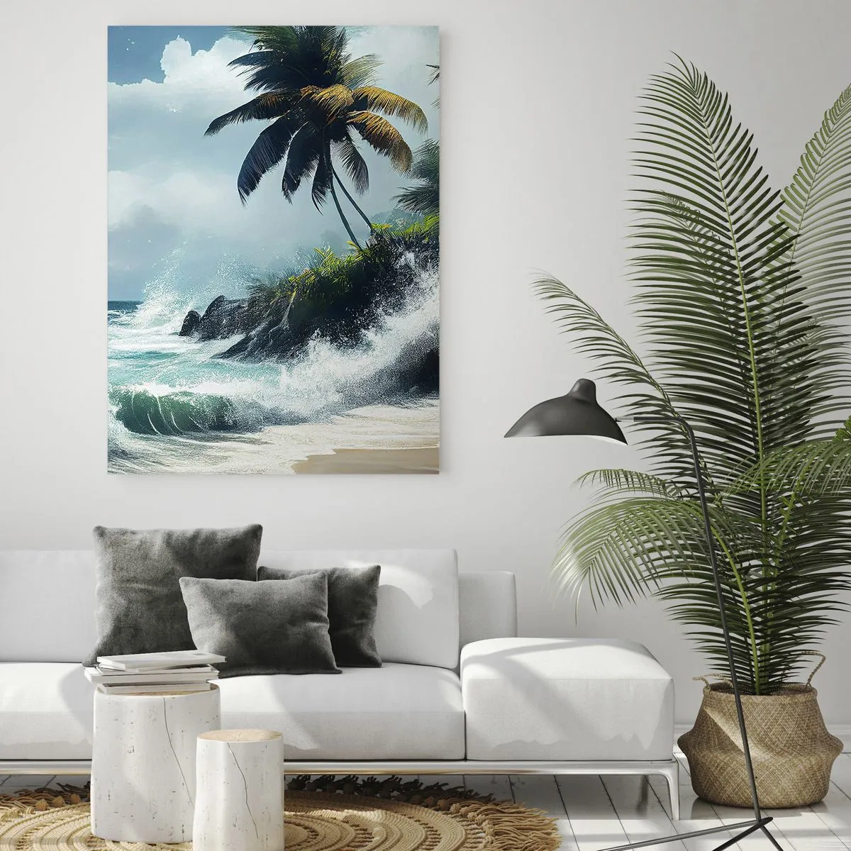 Impression sur verre - Image sur verre - Vagues s'écrasant contre les rochers près des palmiers sur une plage tropicale - 50x70cm - Sur une côte tropicale - Décoration murale moderne pour le salon et la chambre ARTTOR