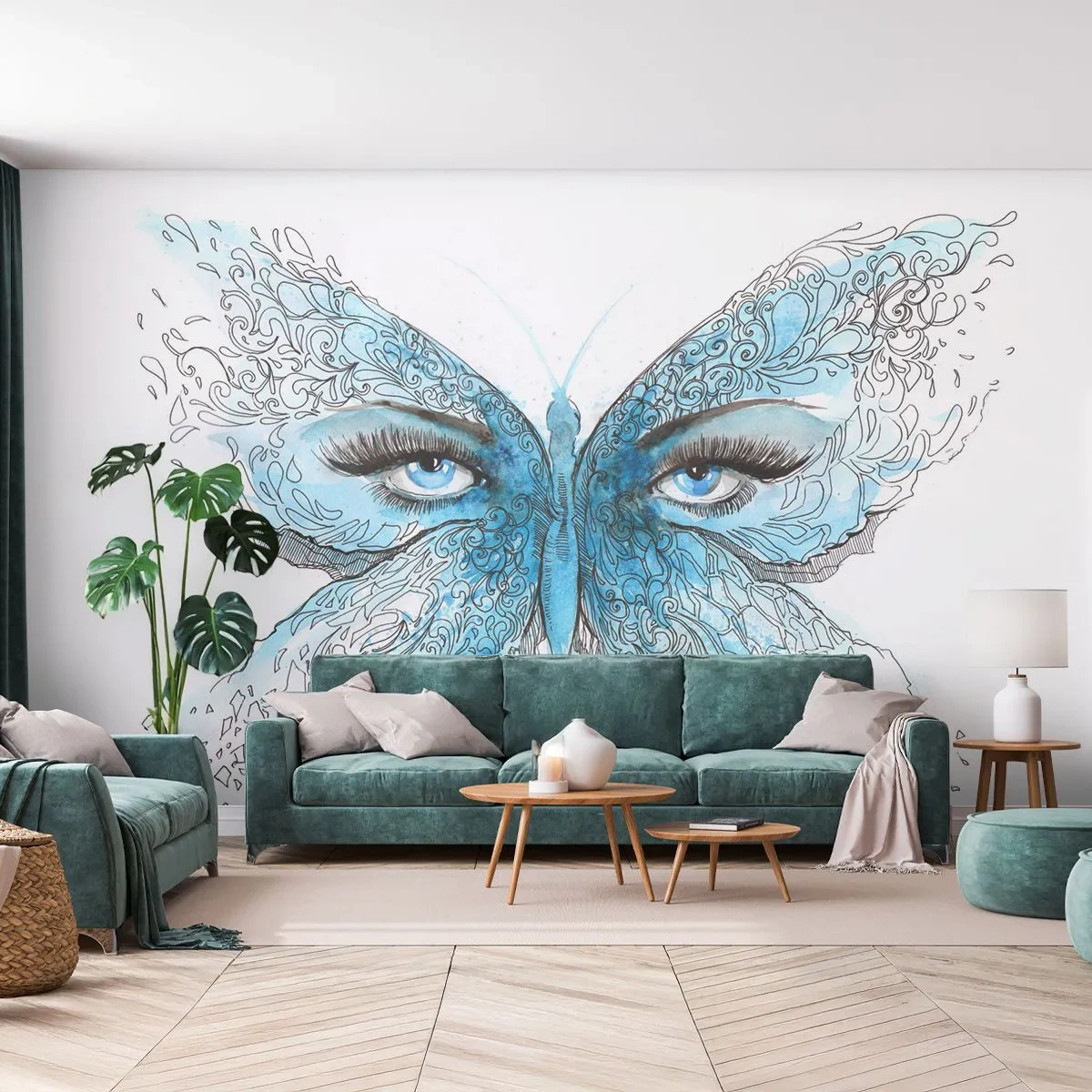 Papier Peint Autocollant Deluxe Sticker - Mésange bleue Eros - Abstraction, Papillon, Yeux féminins - 250x175 cm