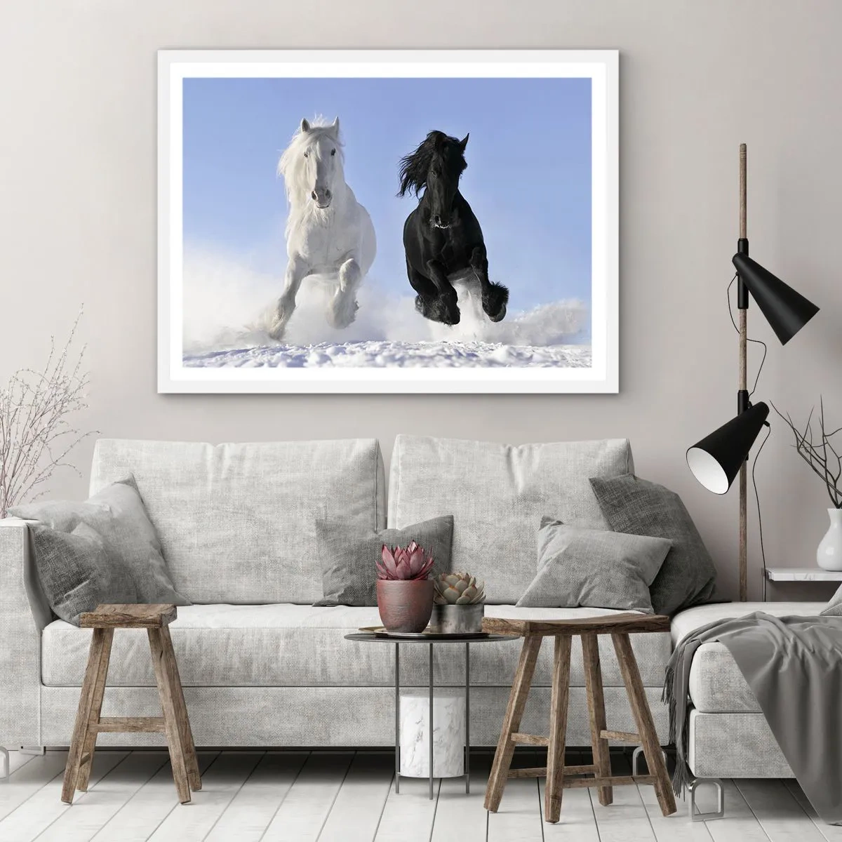 Affiche dans un cadre blanc - Poster - Galop noir et blanc - 70x50 cm