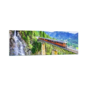 Impression sur verre - Image sur verre - Des montagnes russes sur un pont avec vue sur une cascade et des montagnes - 160x50cm - Train dans les Alpes - Décoration murale moderne pour le salon et la chambre ARTTOR