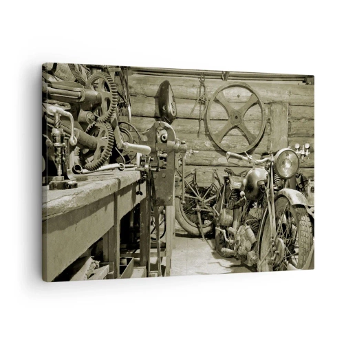 Impression sur toile - Image sur toile - Atelier rétro avec motos et outils - 70x50cm - Dans le hangar de l'oncle Władek - Décoration murale moderne pour le salon et la chambre ARTTOR