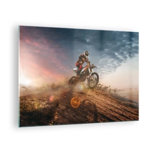 Impression sur verre - Image sur verre - Motocycliste dans le désert dans un cadre dynamique - 70x50cm - Pour la victoire - Décoration murale moderne pour le salon et la chambre ARTTOR