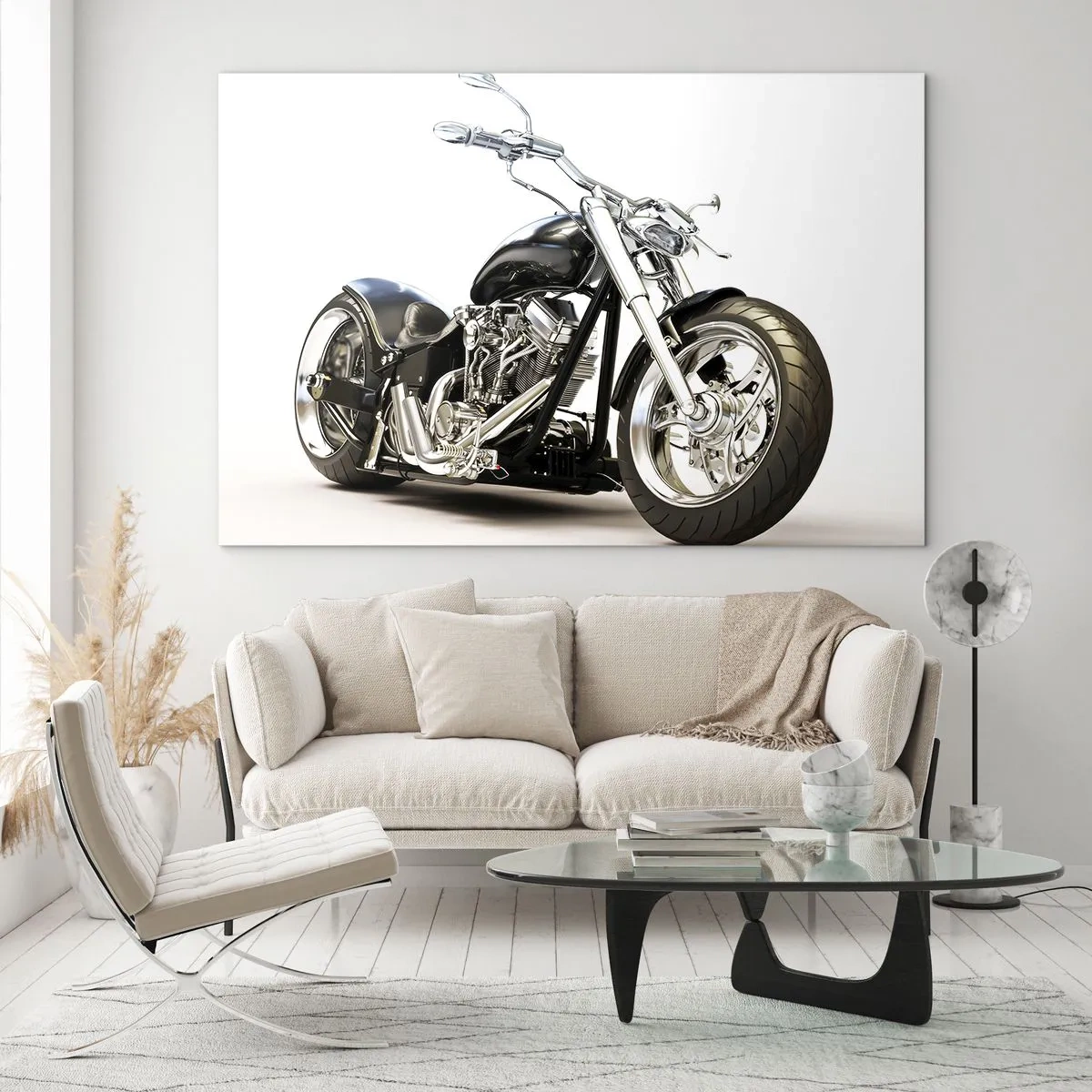 Impression sur verre - Image sur verre - Une moto chopper noire sur fond clair - 100x70cm - Force de caractère - Décoration murale moderne pour le salon et la chambre ARTTOR