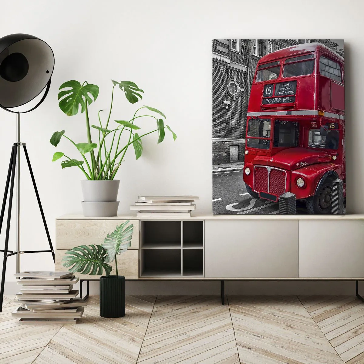 Impression sur toile - Image sur toile - Un bus rouge à impériale à Londres sur fond d'architecture classique - 50x70cm - Toujours la même chose - Décoration murale moderne pour le salon et la chambre ARTTOR