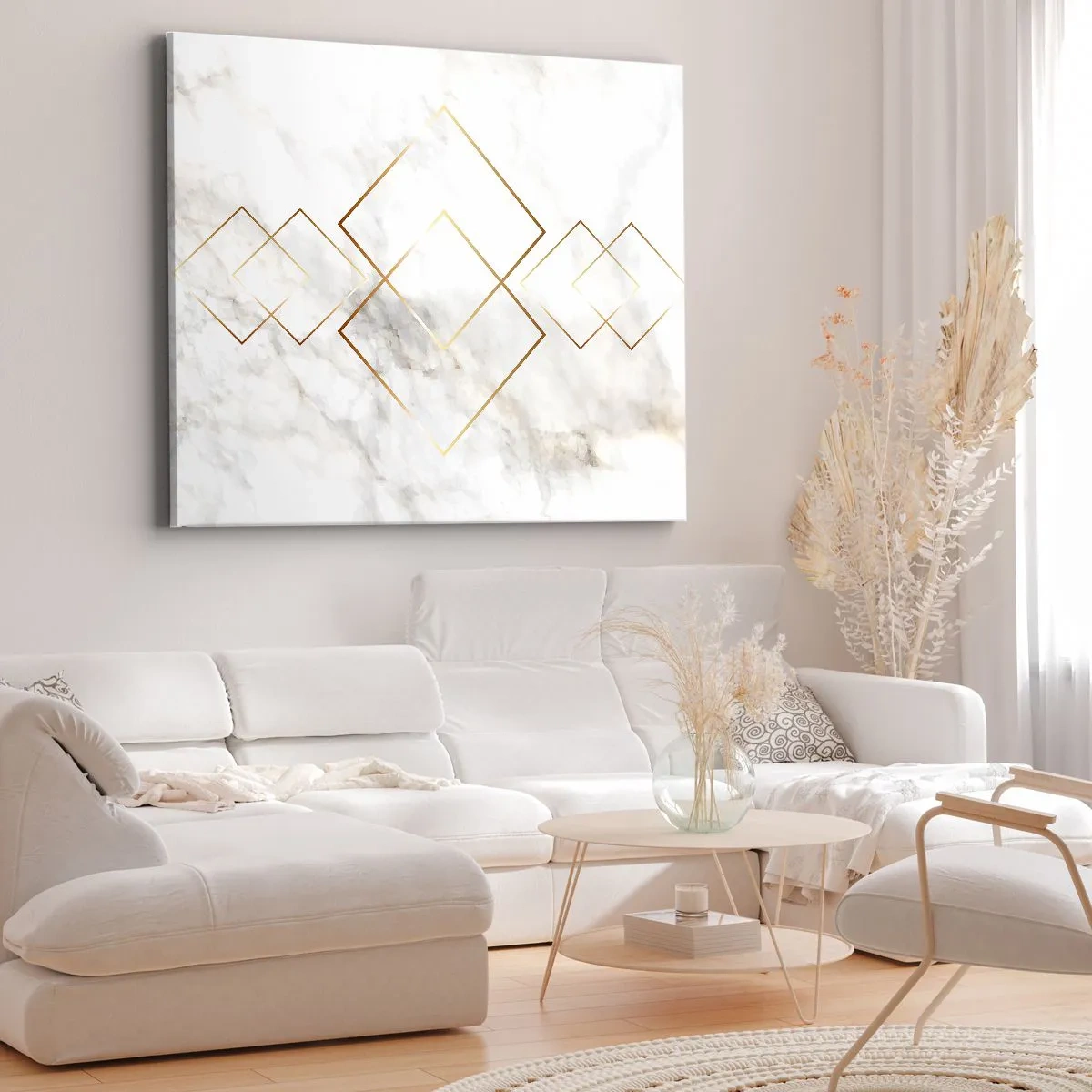 Impression sur toile - Image sur toile - Losanges dorés minimalistes sur fond de marbre - 100x70cm - Vue à l'infini - Décoration murale moderne pour le salon et la chambre ARTTOR