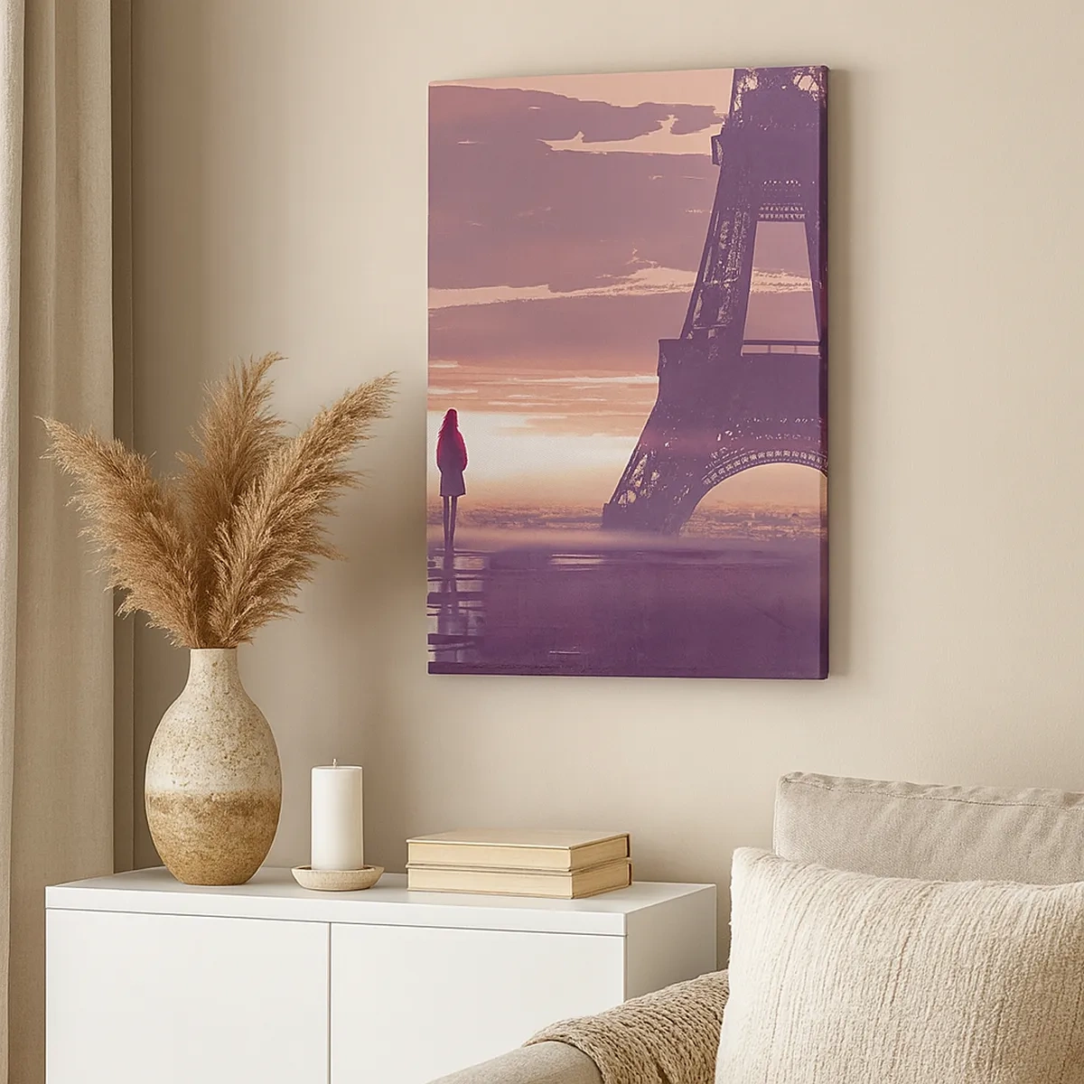 Impression sur toile - Image sur toile - Une silhouette regardant la Tour Eiffel à la lumière du soleil couchant - 50x70cm - Seulement deux d'entre eux - Décoration murale moderne pour le salon et la chambre ARTTOR