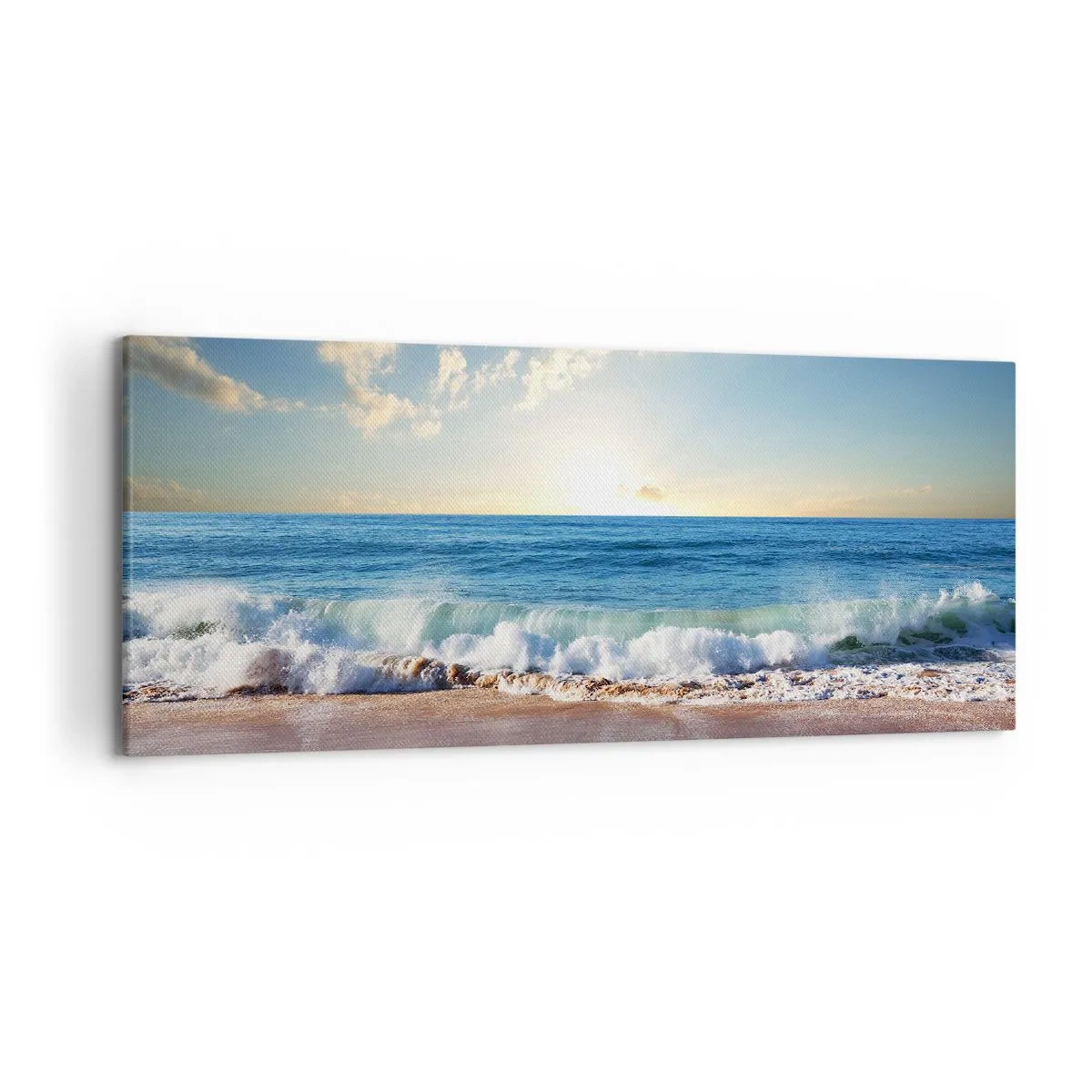 Impression sur toile - Image sur toile - Une plage ensoleillée avec des vagues s'écrasant sur le rivage - 120x50cm - Mouvement et immobilité à la fois - Décoration murale moderne pour le salon et la chambre ARTTOR
