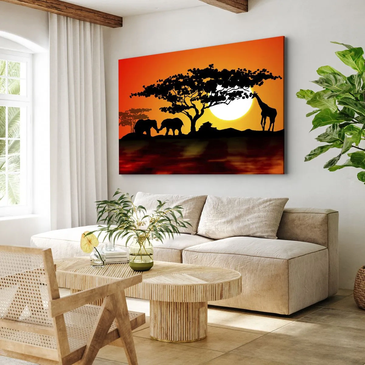 Impression sur toile - Image sur toile - Coucher de soleil africain avec des silhouettes d'éléphants et de girafes au-dessus de l'eau - 120x80cm - Rencontre dans la savane - Décoration murale moderne pour le salon et la chambre ARTTOR