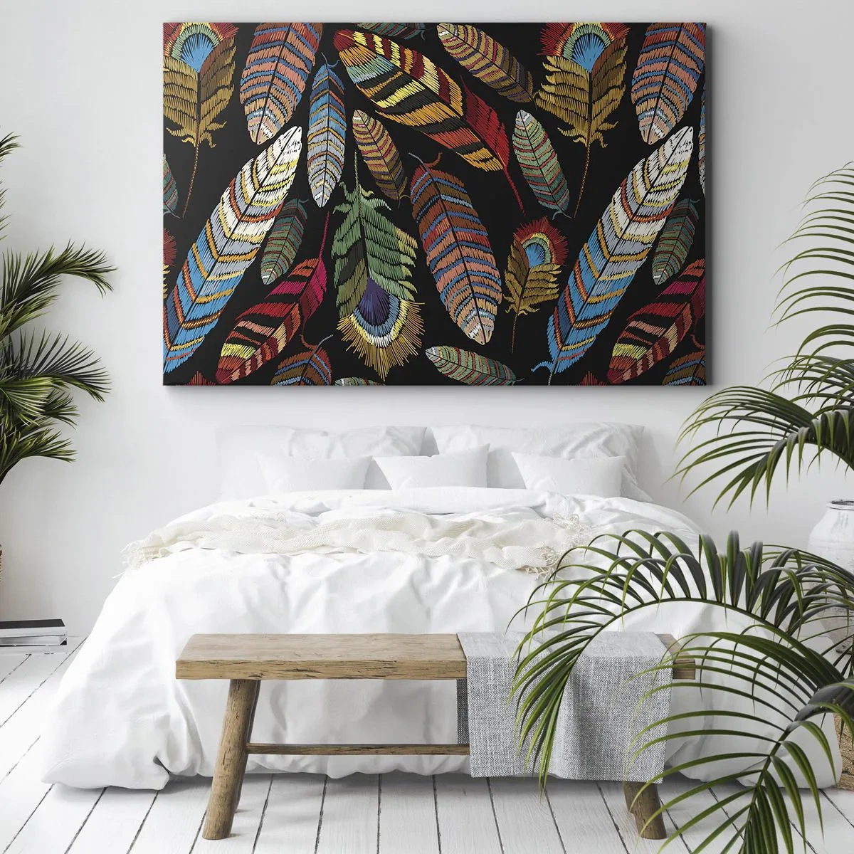 Impression sur toile - Image sur toile - Plumes colorées sur fond noir - 120x80cm - Le carnaval des oiseaux - Décoration murale moderne pour le salon et la chambre ARTTOR