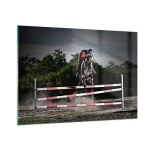Impression sur verre - Image sur verre - Un cavalier sur un cheval saute par-dessus un obstacle avec la nature en arrière-plan - 100x70cm - Ensemble pour la victoire - Décoration murale moderne pour le salon et la chambre ARTTOR