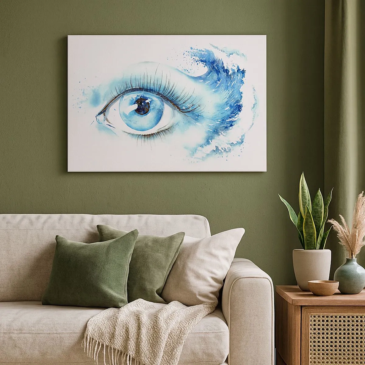 Impression sur toile - Image sur toile - Aquarelle artistique d'un œil avec une vague dynamique - 70x50cm - Plongez-vous dans le bleu du regard - Décoration murale moderne pour le salon et la chambre ARTTOR