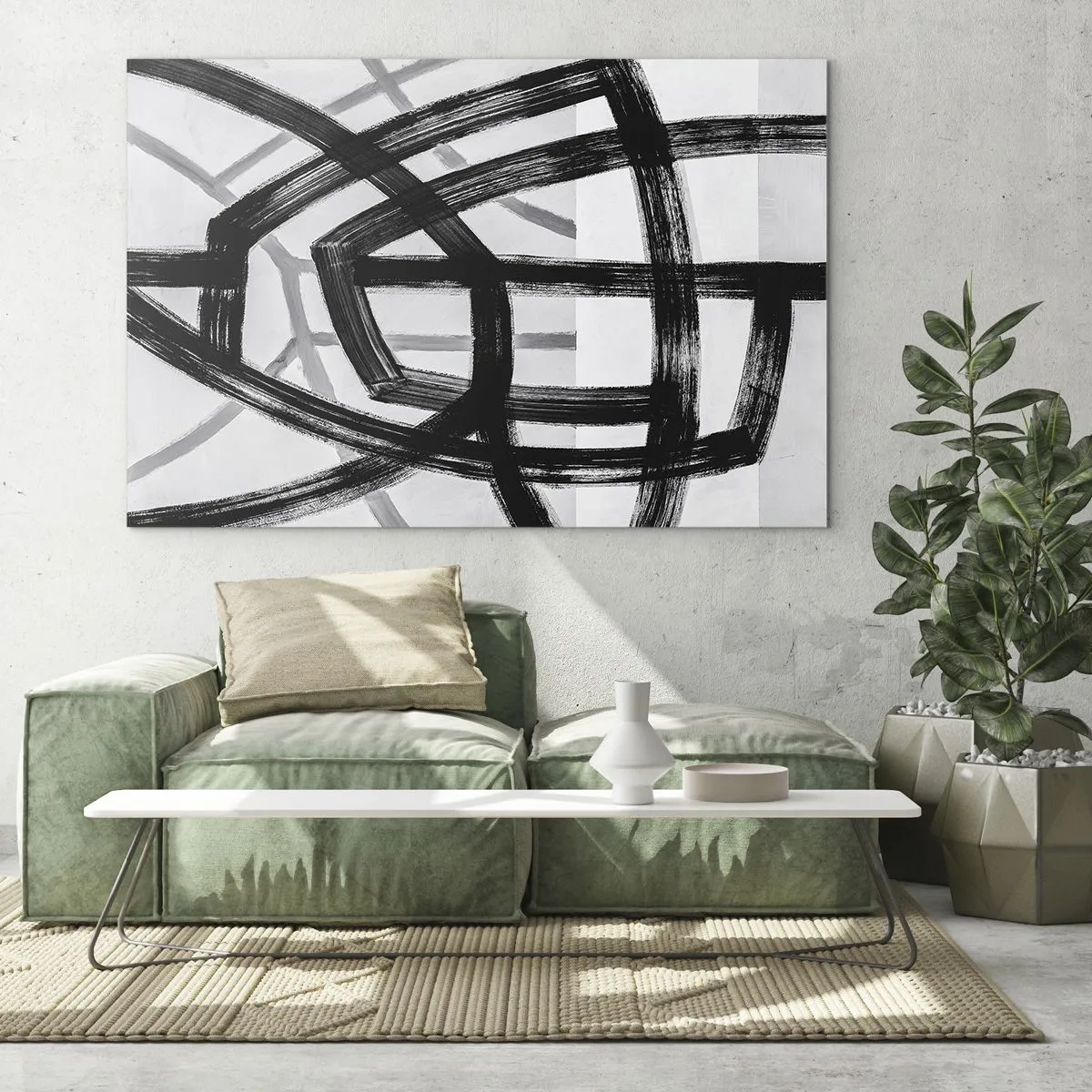 Impression sur verre - Image sur verre - Les coups de pinceau noirs et gris créent un réseau dynamique de lignes. - 70x50cm - Profondeur du bâtiment - Décoration murale moderne pour le salon et la chambre ARTTOR