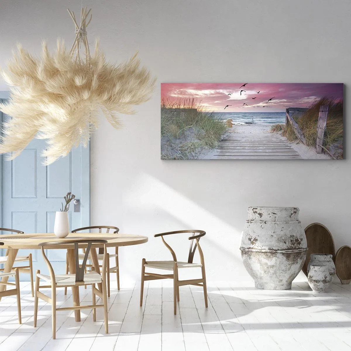 Impression sur toile - Image sur toile - Chemin en bois sur la plage au coucher du soleil rose - 140x50cm - Impression de la Baltique - Décoration murale moderne pour le salon et la chambre ARTTOR