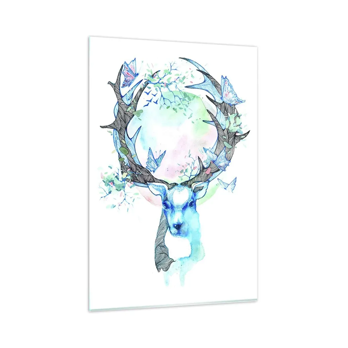 Impression sur verre - Image sur verre - Un graphique de cerf fantaisiste avec un motif de nature et de papillon - 80x120cm - La force et la délicatesse de la nature - Décoration murale moderne pour le salon et la chambre ARTTOR