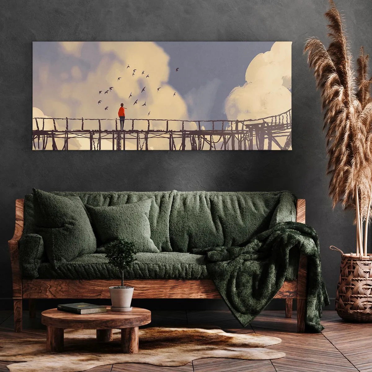Impression sur toile - Image sur toile - Une silhouette sur un pont parmi les nuages avec des oiseaux dans le ciel - 160x50cm - Bleu nostalgie - Décoration murale moderne pour le salon et la chambre ARTTOR