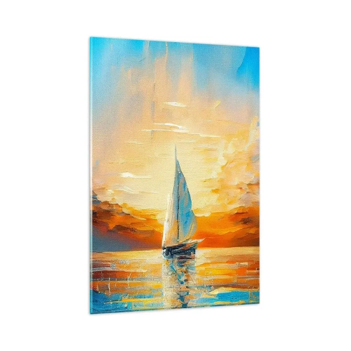 Impression sur verre - Image sur verre - Un voilier sur fond de soleil couchant et de nuages colorés - 80x120cm - Expédition en or - Décoration murale moderne pour le salon et la chambre ARTTOR