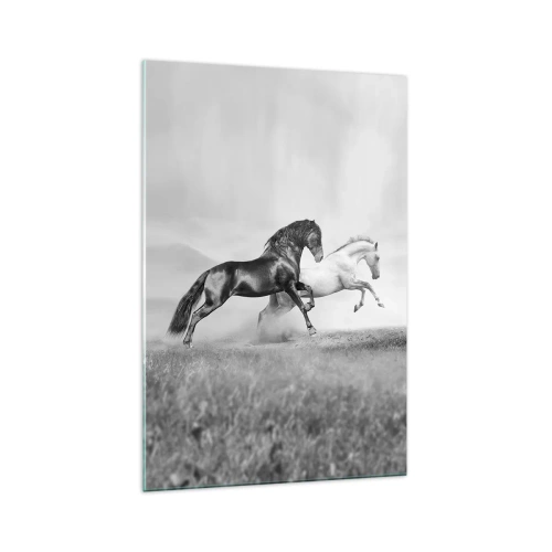 Impression sur verre - Image sur verre - Deux chevaux au galop dans une composition dynamique en noir et blanc - 70x100cm - Anges et démons - Décoration murale moderne pour le salon et la chambre ARTTOR