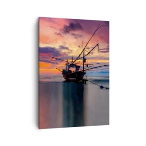 Impression sur toile - Image sur toile - Un bateau de pêche sur fond de coucher de soleil coloré - 50x70cm - Soirée exotique - Décoration murale moderne pour le salon et la chambre ARTTOR