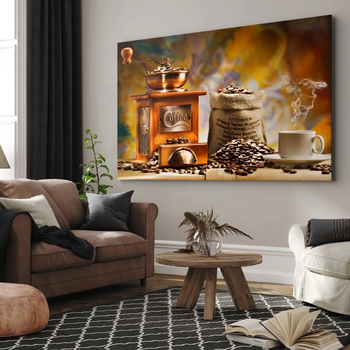 Impression sur toile - Image sur toile - Moulin à café avec des grains et une tasse en arrière-plan - 70x50cm - Le craquement des grains, le cliquetis d'un moulin - Décoration murale moderne pour le salon et la chambre ARTTOR