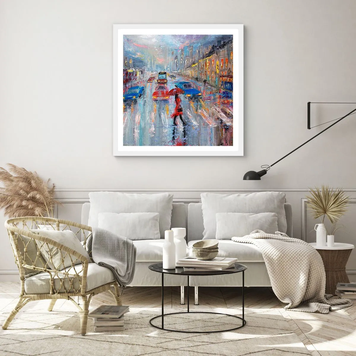 Affiche dans un cadre blanc - Poster - Après-midi pluvieux en ville - 50x50 cm