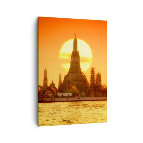 Impression sur toile - Image sur toile - Coucher de soleil sur le temple avec reflet dans l'eau - 50x70cm - Vers le soleil, toujours vers le soleil - Décoration murale moderne pour le salon et la chambre ARTTOR