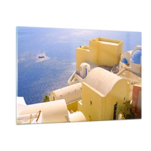Impression sur verre - Image sur verre - Vue de Santorin avec la mer bleue et les bâtiments blancs - 120x80cm - Paysage grec en blanc et bleu ciel - Décoration murale moderne pour le salon et la chambre ARTTOR