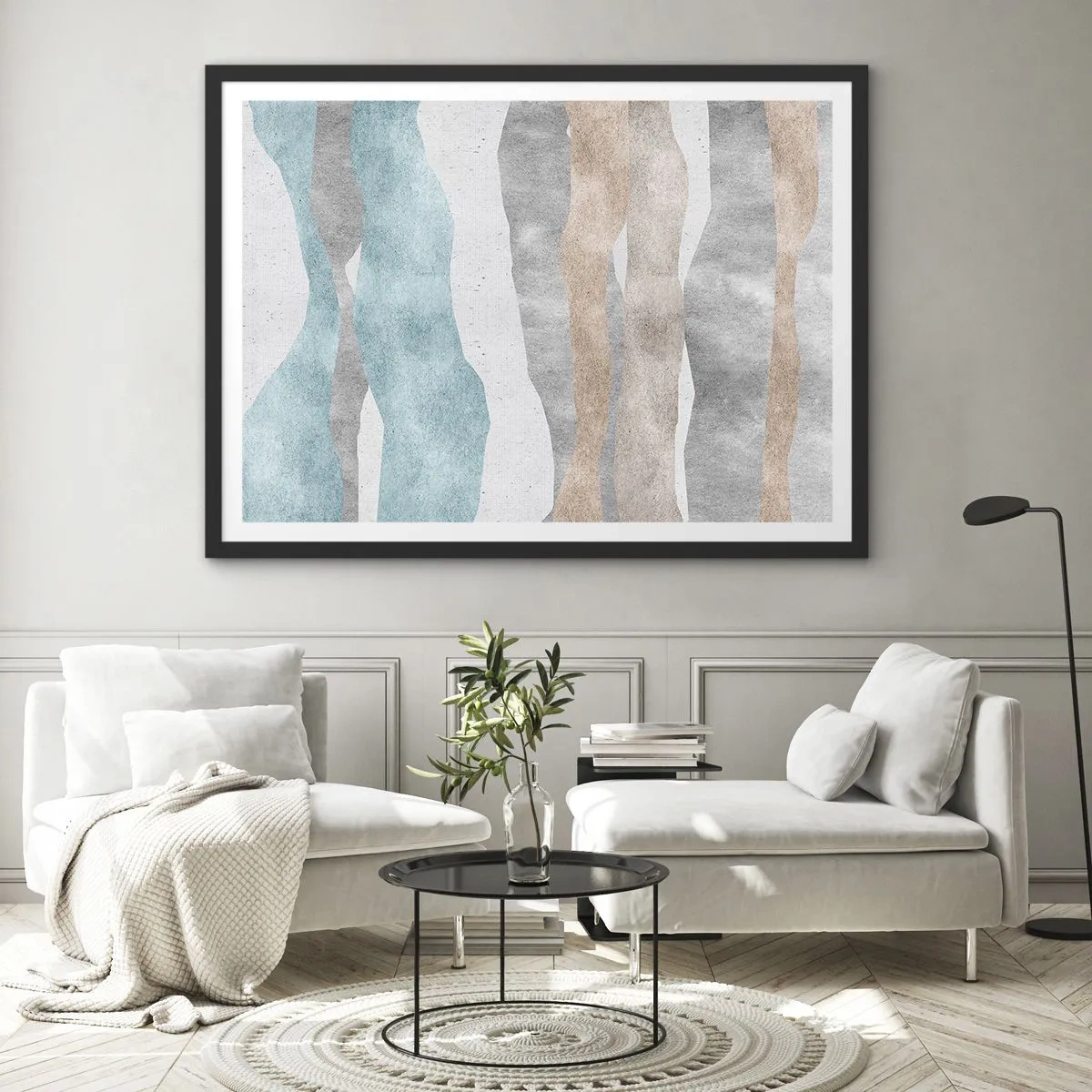 Affiche dans un cadre noir - Poster - Rayures abstraites aux tons pastel - 100x70cm - Une étude de proximité - Décoration murale moderne pour le salon et la chambre ARTTOR