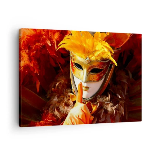 Impression sur toile - Image sur toile - Masque de carnaval aux tons or et orange - 70x50cm - Le secret est une partie du jeu - Décoration murale moderne pour le salon et la chambre ARTTOR