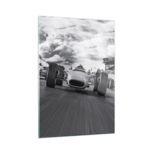 Impression sur verre - Image sur verre - Course de voitures classiques sur une piste en noir et blanc - 50x70cm - Puissance! - Décoration murale moderne pour le salon et la chambre ARTTOR